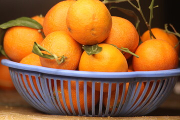 Fresh small Tangerines with green leaves in a plastic basket