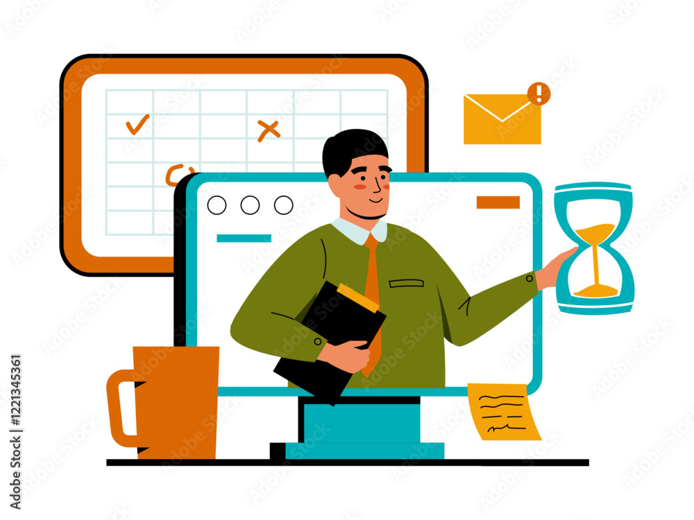 Poster time management. business schedule. manager planning tasks and goals. deadline calendar. hourglass c