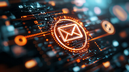 Glowing Email Symbol In Digital Network Interface