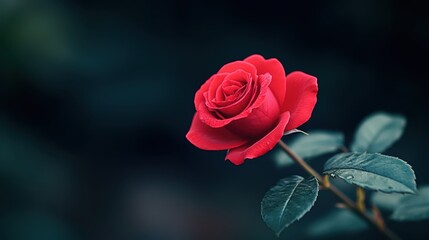 A vibrant red rose blooms elegantly on its stem, symbolizing love and romance for Valentine's Day.