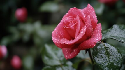 A beautiful rose adorned with water droplets, showcasing its elegance in a serene garden setting.