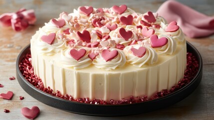 A festive cake with white frosting adorned with pink hearts, perfect for celebrating love on Valentine's Day.