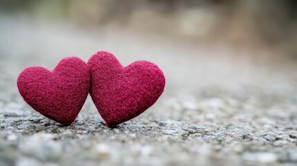 Fototapeta premium Two vibrant red hearts rest on the ground, symbolizing love and affection for Valentine's Day.