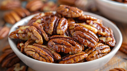 Homemade candied pecans with cinnamon in white bowl, showcasing their glossy texture and rich color, perfect for snacking or as dessert topping