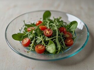 Fresh Arugula Salad with Cherry Tomatoes in a Glass Bowl