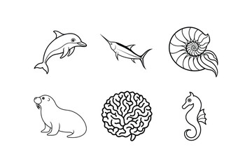 sea animals line art vector.
