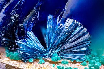 light blue Clinoclase with green Malachite and dark blue Azurite. Specimen from Clara mine, Oberwolfach, Germany. Micro photography extreme close-up. microscope mineral crystal photography
