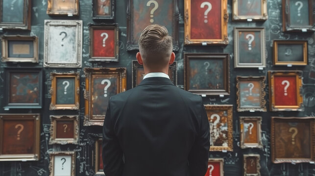 man in suit stands thoughtfully in front of wall filled with framed artworks, each featuring question mark, evoking curiosity and contemplation