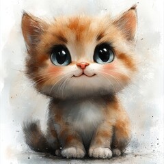 Fototapeta premium Cute Orange Cat with Big Eyes Sitting Adorably on White Background