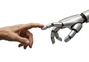 A photograph of a modern silver robot hand touching an old hand, symbolizing the interaction between human and technology

