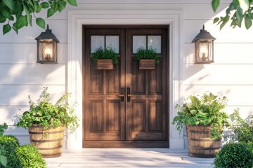 Farmhouse entryway, double wooden door, potted plants, sunlight