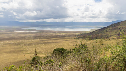 Scenic high point view of Ngorongoro Conservation Area with Lake Magadi in Tanzania, East Africa