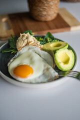 Close up of fresh cooked healthy organic Ayurvedic breakfast with farmer's fried egg, humus and organic herbs, avocado.