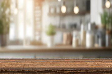 Empty dark wooden table in front of abstract blurred bokeh background of kitchen. Can be used for display or montage your products. Mock up for space.