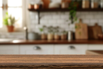 Empty dark wooden table in front of abstract blurred bokeh background of kitchen. Can be used for display or montage your products. Mock up for space.