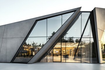 A modern retail facade featuring angular glass windows, smooth concrete panels, and polished metal accents