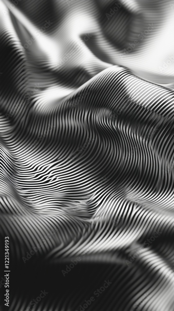 Poster abstract black and white wavy lines creating a textured fabric-like surface with intricate patterns 