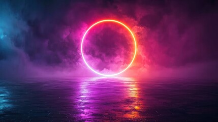 Glowing Neon Circle Above Dark Reflective Surface