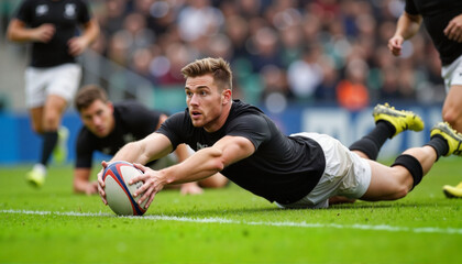 Focused rugby player scoring a try on the field, athletic triumph, Six Nations Cup