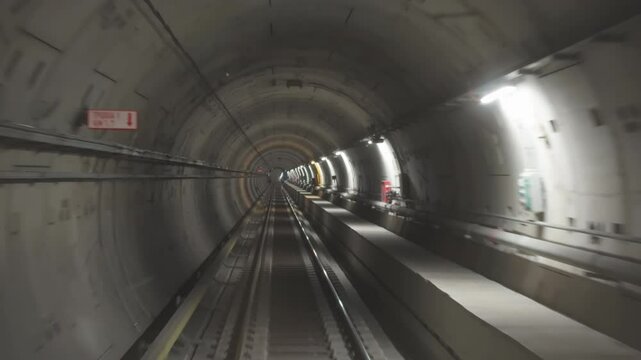 Driverless metro train moves through a well-lit underground tunnel featuring concrete walls and tracks. The tunnel is straight and lined with bright lights along its length, in Thessaloniki, Greece.