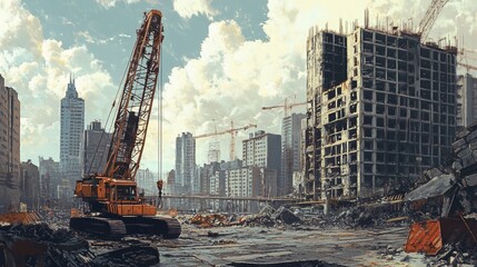 Demolished building in urban cityscape with crane.