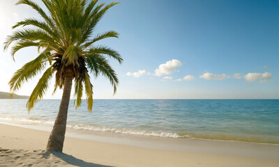 Obraz premium Tranquil beach setting with palm tree beside gentle waves under clear blue sky at sunset