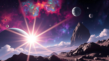 Fototapeta premium Dynamic Sci-Fi Space Scene with Planets and Starships