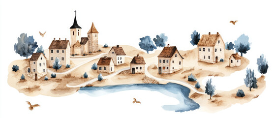 Obraz premium charming watercolor map of historic village with quaint houses, trees, and serene river. soft colors evoke peaceful atmosphere