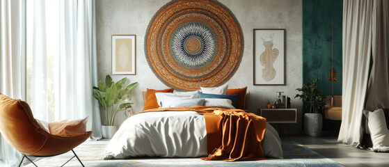 Chic bohemian bedroom featuring vibrant wall art, cozy bed, and plants
