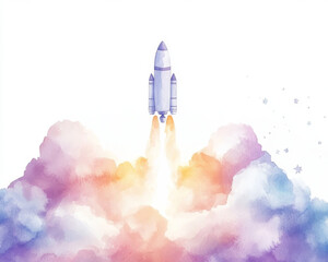 detailed watercolor painting of rocket ascending through colorful clouds, evoking sense of wonder and adventure