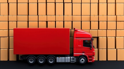 Red Truck and Cargo Boxes: A vibrant red semi-truck stands before a wall of neatly stacked cardboard boxes, signifying efficient logistics and global trade. The image exudes strength, reliability.
