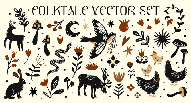 Abstract woodland folk tale animals, flowers and forest plants vector elements. Scandi ethnic vintage illustrations of bird, elk, deer, hare, rabbit, snake, leaf branches silhouette stickers design