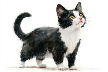 Playful black and white kitten looking up with curious expression