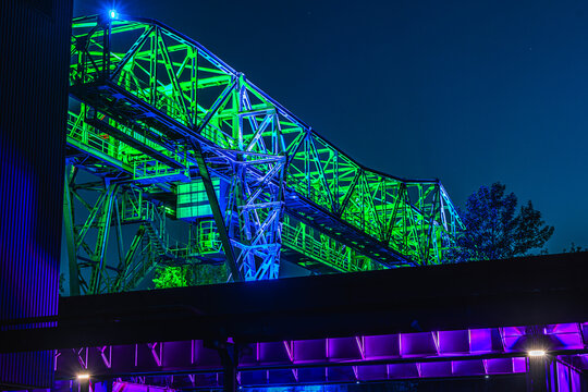 Illuminated part of the public industrial park, Landschaftspark Duisburg-Nord