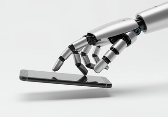 A photograph of a modern silver robot hand touching a phone

