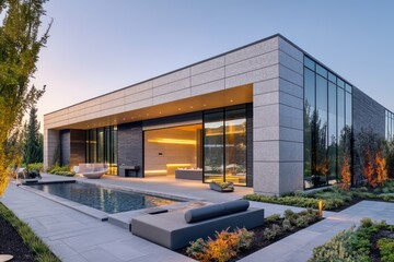 A modern spa building with clean lines, subtle tones, and a landscaped outdoor space
