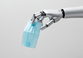 A photograph of a blue medical mask on a modern silver robot hand

