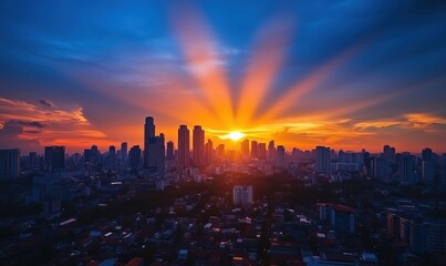 Fototapeta premium Stunning sunset over city skyline with rays of light illuminating skyscrapers and urban landscape