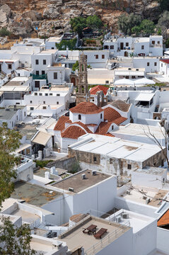 Rooftop view of the church of the Holy Virgin, located in Lindos, island of Rhodes