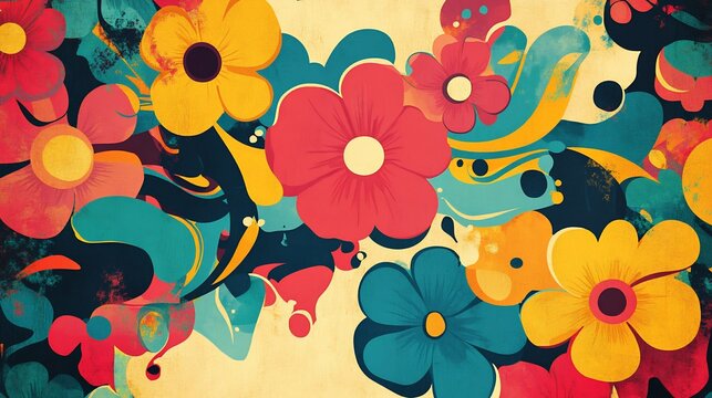 Vibrant floral abstract art with colorful flowers and swirls on textured background.
