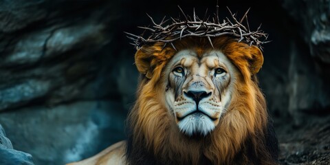 Fototapeta premium Majestic lion adorned with crown of thorns, symbolizing strength and sacrifice, set against rocky backdrop, showcasing fierce yet regal expression