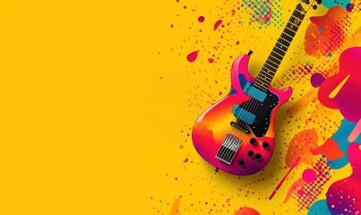 Colorful electric guitar with vibrant splashes and patterns on yellow background, showcasing artistic design and musical creativity