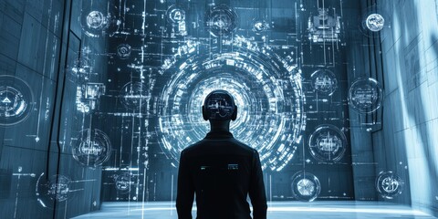 Futuristic digital interface with a person wearing a headset, surrounded by holographic data visualizations and technology elements