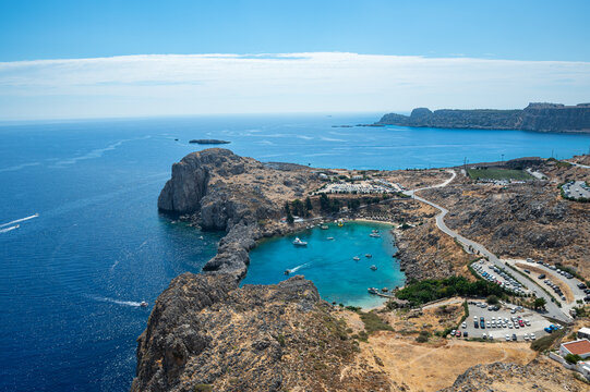 Beautiful St. Paul's Bay on a sunny day, located in Lindos, the island of Rhodes