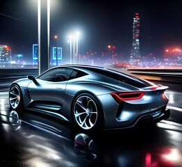 Fototapeta premium Sports car concept against the backdrop of a night city.generative ai
