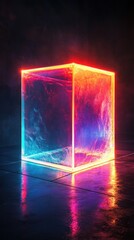 Neon Cube Glowing with Captivating Prismatic Lights in Dark Studio   Futuristic 3D Render of Luminous Geometric Form with Holographic Iridescent Reflections