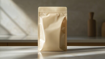 Beige Stand-Up Pouch Mockup on a Kitchen Counter
