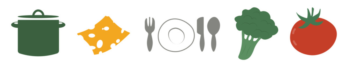 Set of food and dishes in flat style. Pot, knife, fork, spoon, tomato, cheese, broccoli