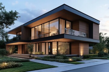 Fototapeta premium A modern urban residence with a cantilevered upper floor, wood-paneled exterior, and minimalist landscaping