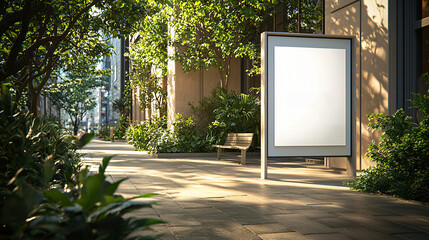 A spotless bus stop with a simple white poster displayed, exuding a tranquil and clean feeling.